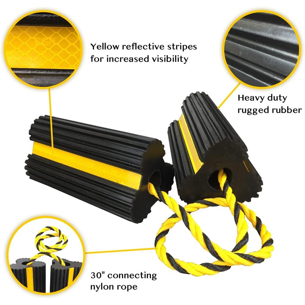 Heavy Duty Rubber Dual Wheel Chocks, Stoppers, Nylon Rope Yellow Reflective Tape - Picture 3 of 6